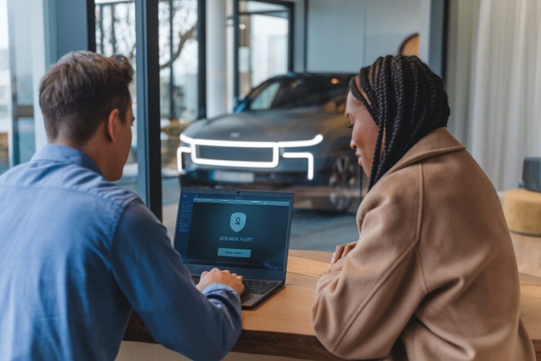 Alerte cybersécurité dans une agence Un employé et un client consultent une alerte cybersécurité sur ordinateur portable
