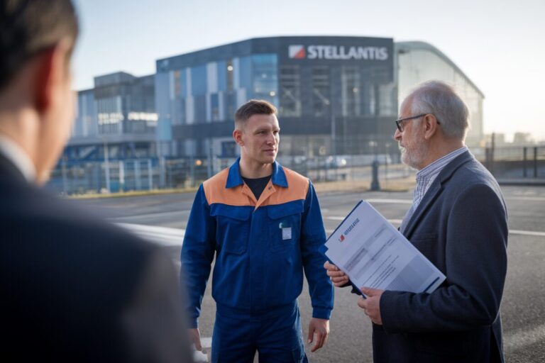 Salariés discutent du partenariat Stellantis-Dongfeng devant l’usine de Rennes