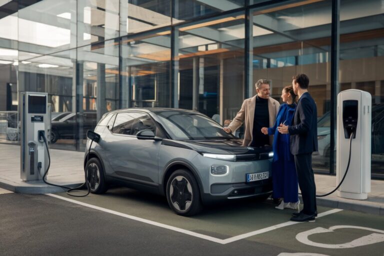 Des ménages discutent d’une voiture électrique en concession moderne