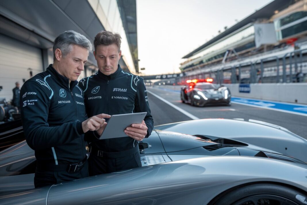 Duel Cadillac-BMW au petit matin Membres d’équipe analysant les données au Mans au lever du jour