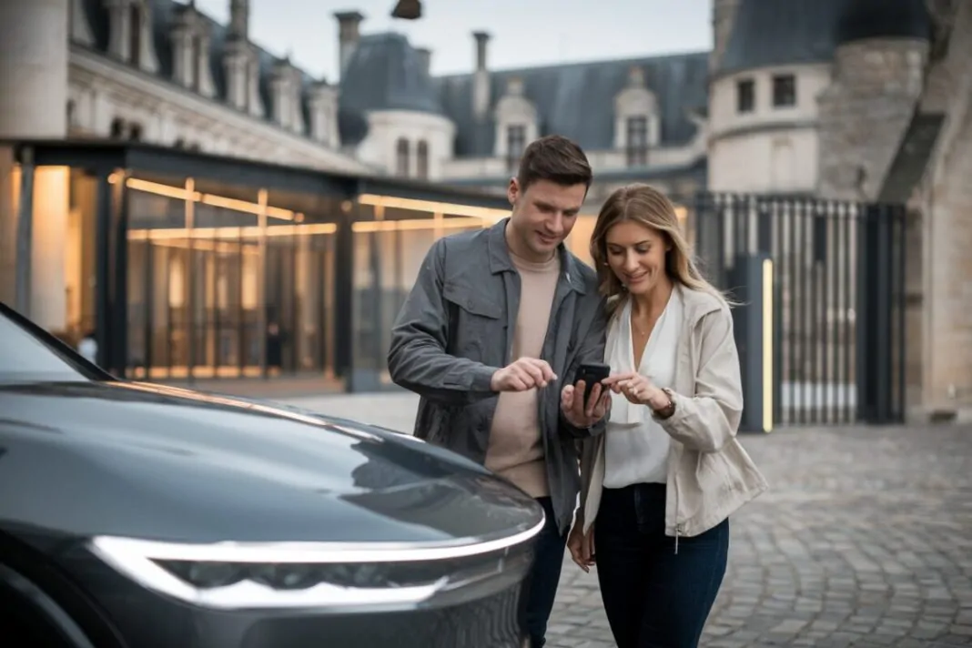 Visiteurs utilisant un pass patrimonial Deux visiteurs présentent un pass numérique à l’entrée d’un château