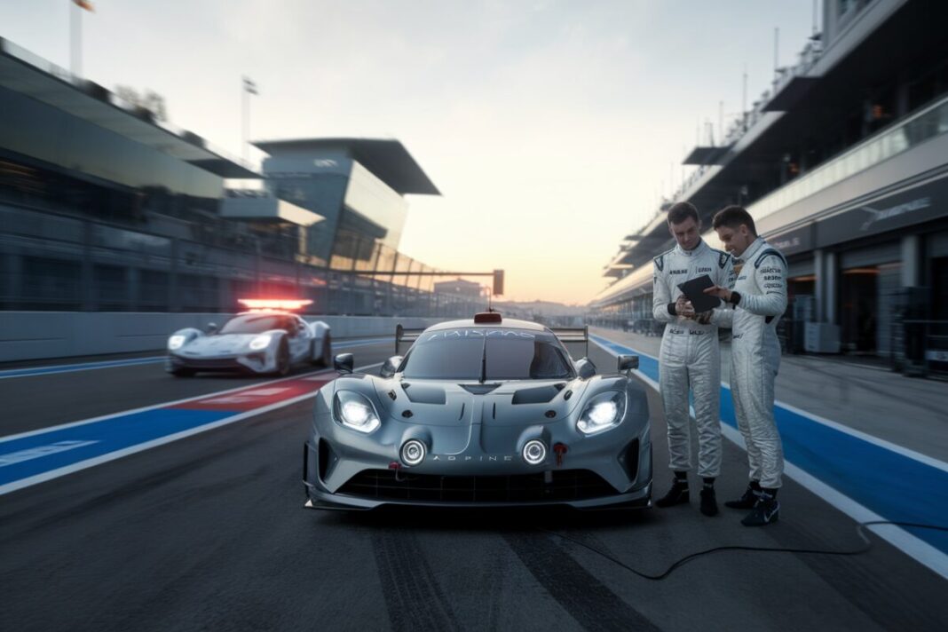 Alpine au petit matin au Mans Alpine en pit-lane à l’aube pendant les 24 Heures du Mans