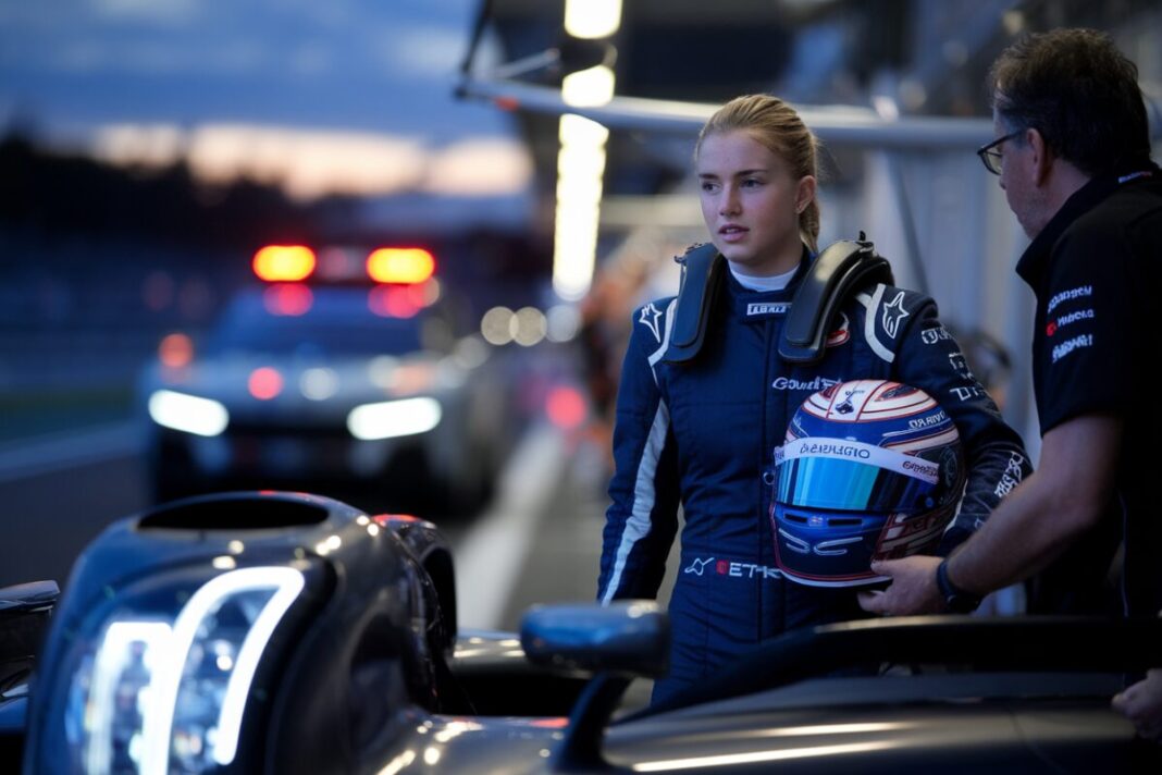 Doriane Pin au stand LMP2 Doriane Pin échange avec son ingénieur dans la voie des stands