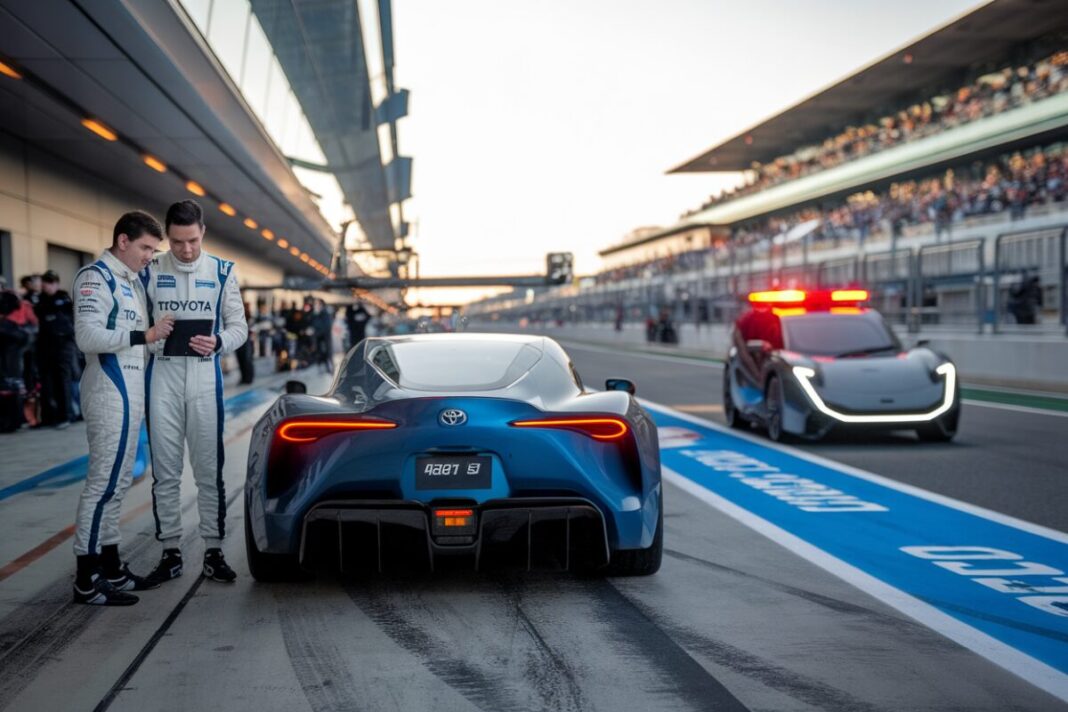Toyota célèbre sa victoire au Mans Mécaniciens Toyota discutent stratégie dans les stands des 24 Heures