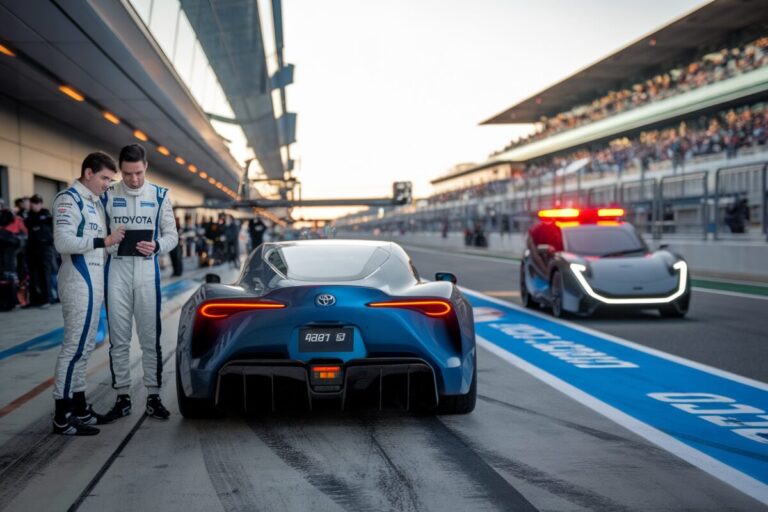 Mécaniciens Toyota discutent stratégie dans les stands des 24 Heures