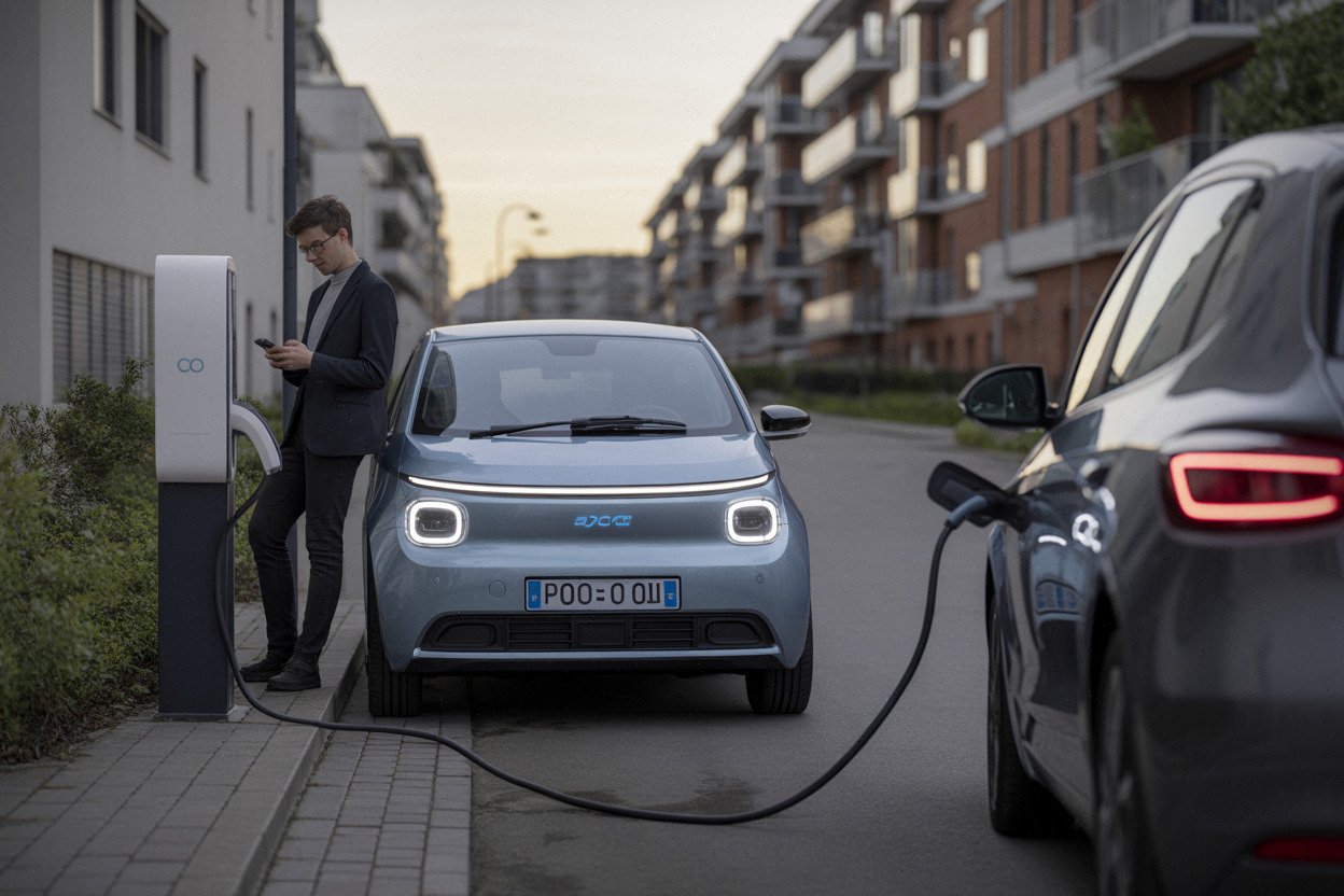 Sandero électrique compacte près d’une borne de recharge urbaine