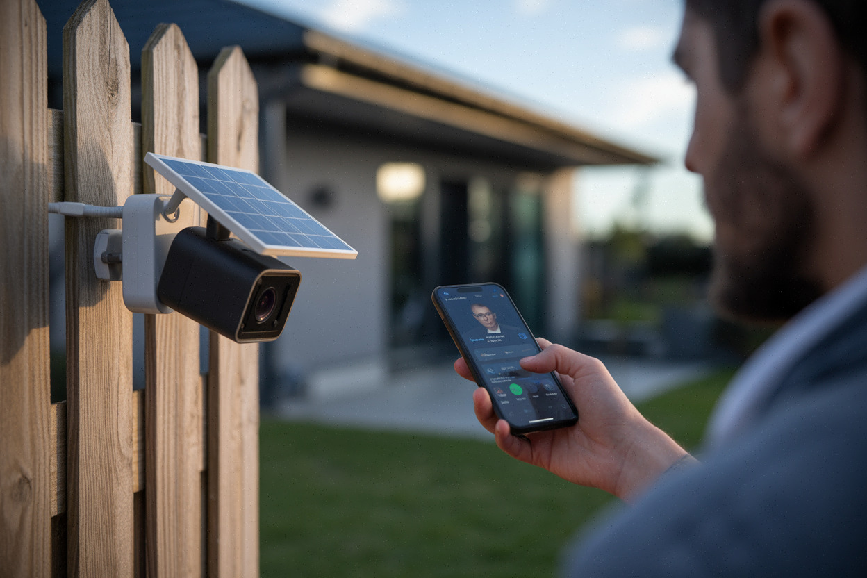 Caméra solaire extérieure installée sur une clôture de jardin