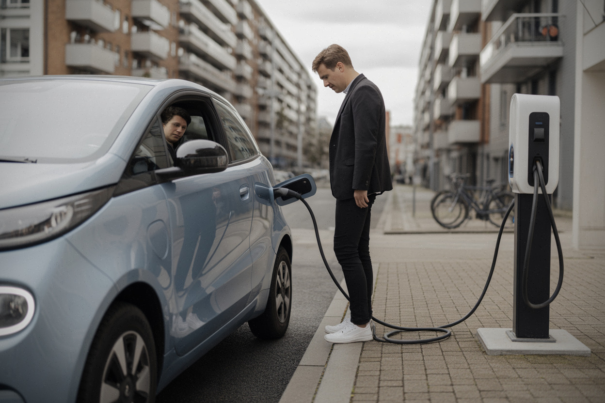 Citadine électrique branchée à une borne de recharge urbaine