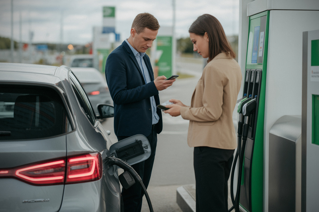 Automobilistes comparant les prix du carburant en station-service