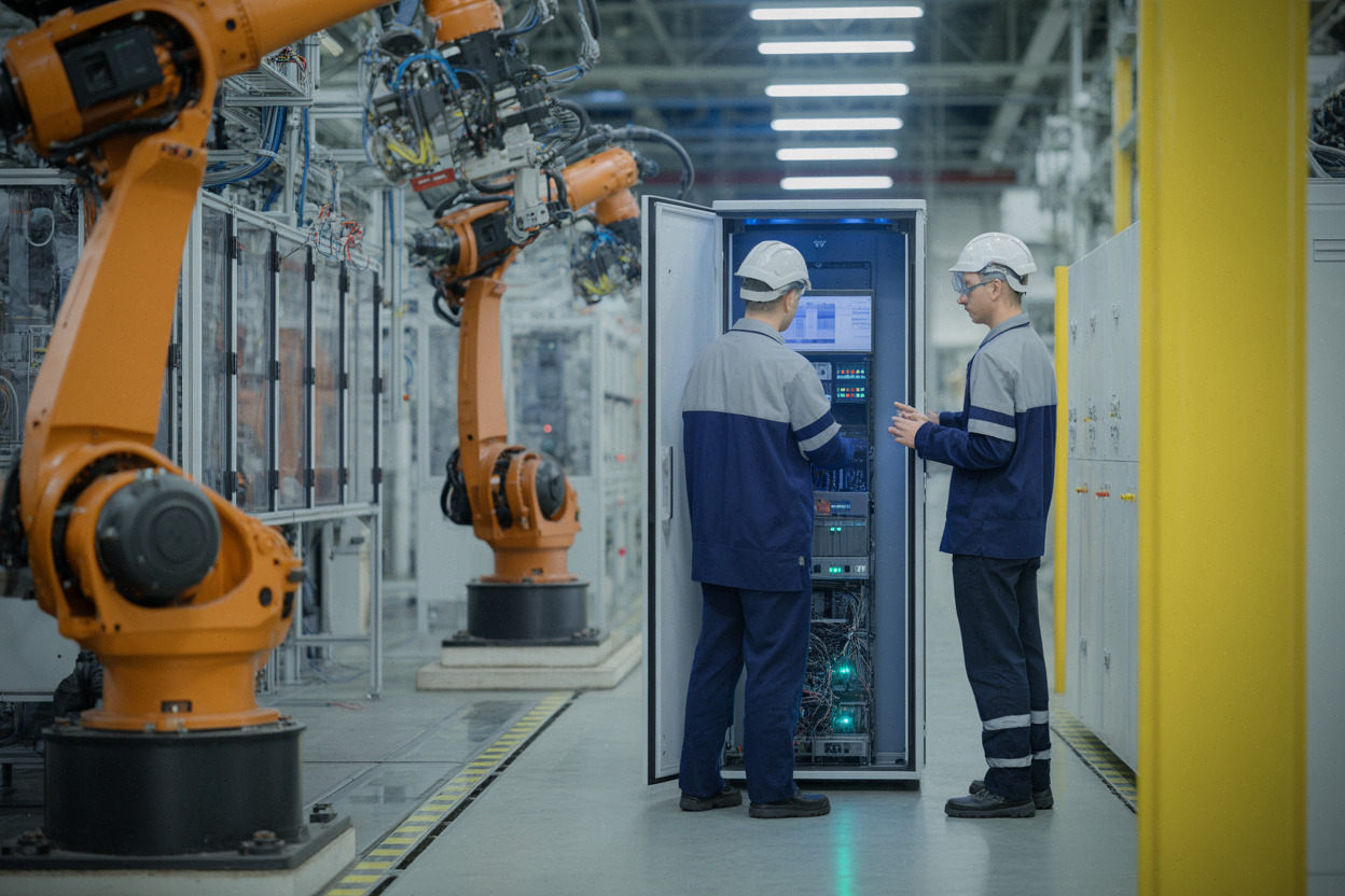 Ingénieurs déployant un réseau privé dans une usine connectée