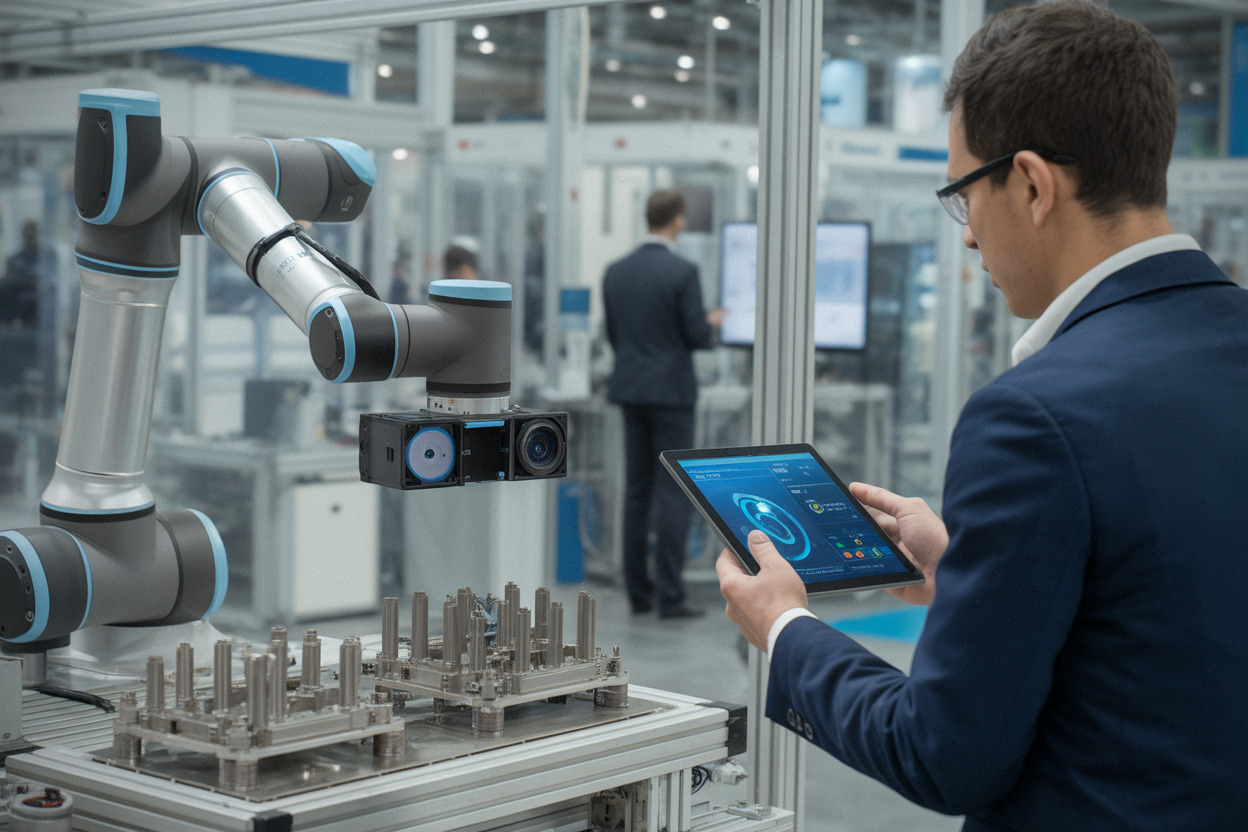 Bras robotisé inspectant des pièces industrielles avec intelligence artificielle