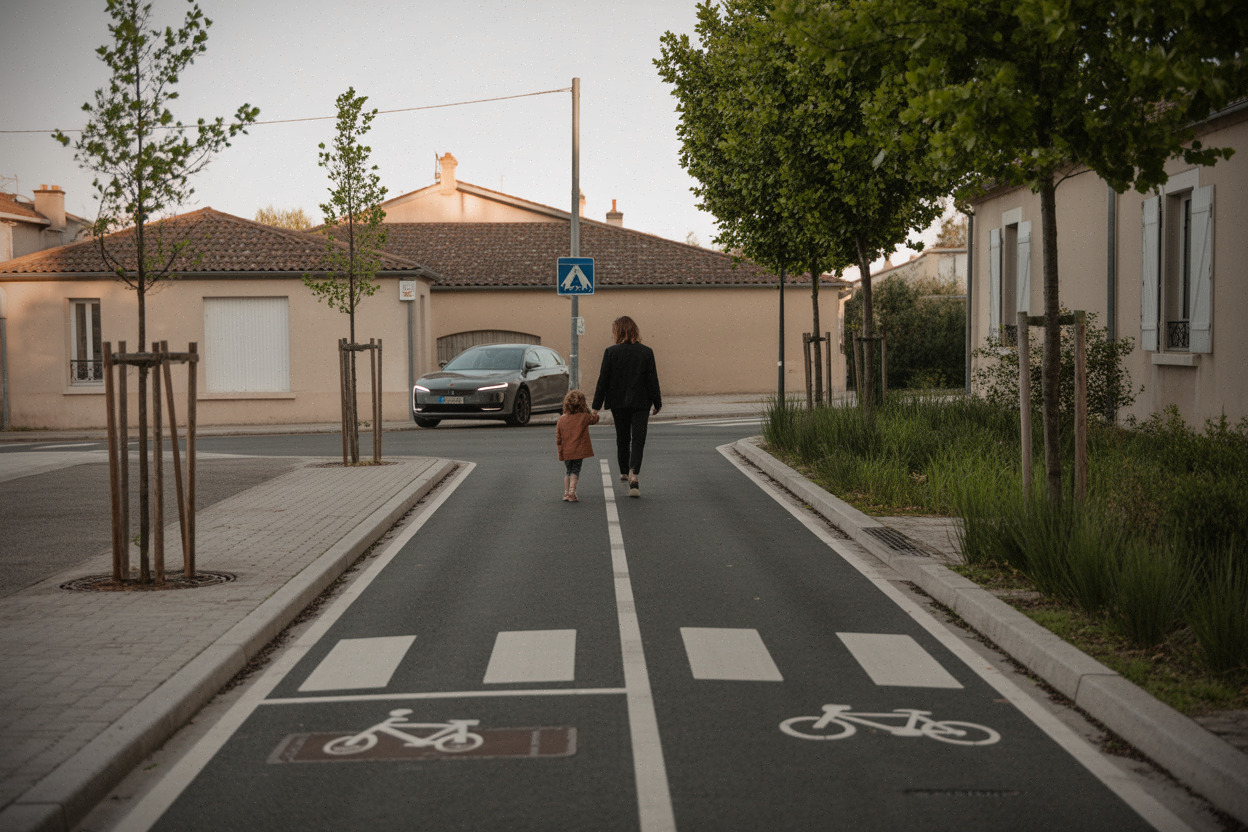 Rue apaisée avec piste cyclable et arbres dans une commune