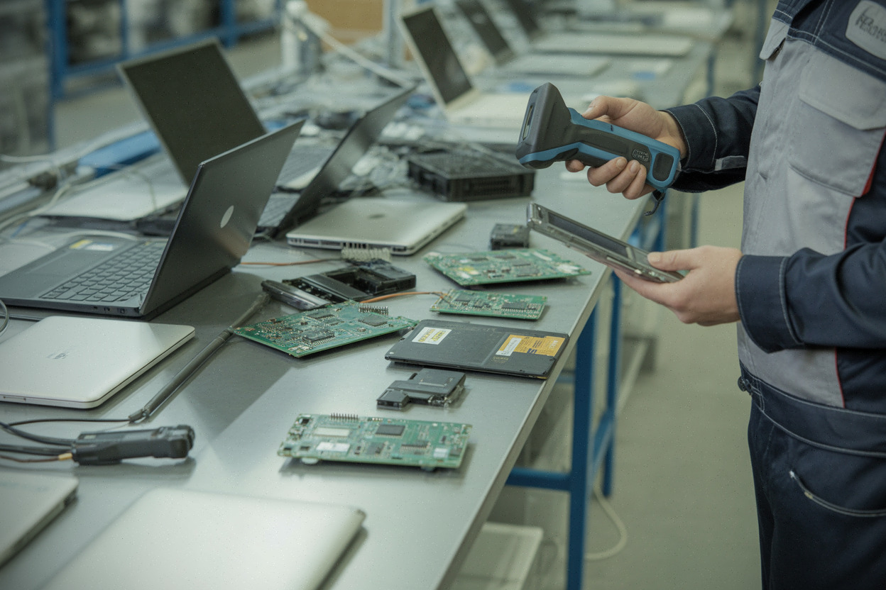 Technicien triant des ordinateurs portables dans un centre de recyclage