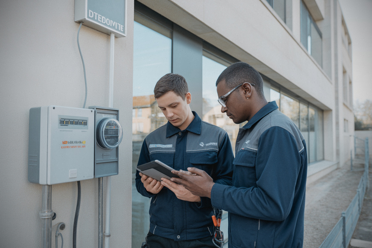 Techniciens contrôlant la consommation énergétique d’un bâtiment communal