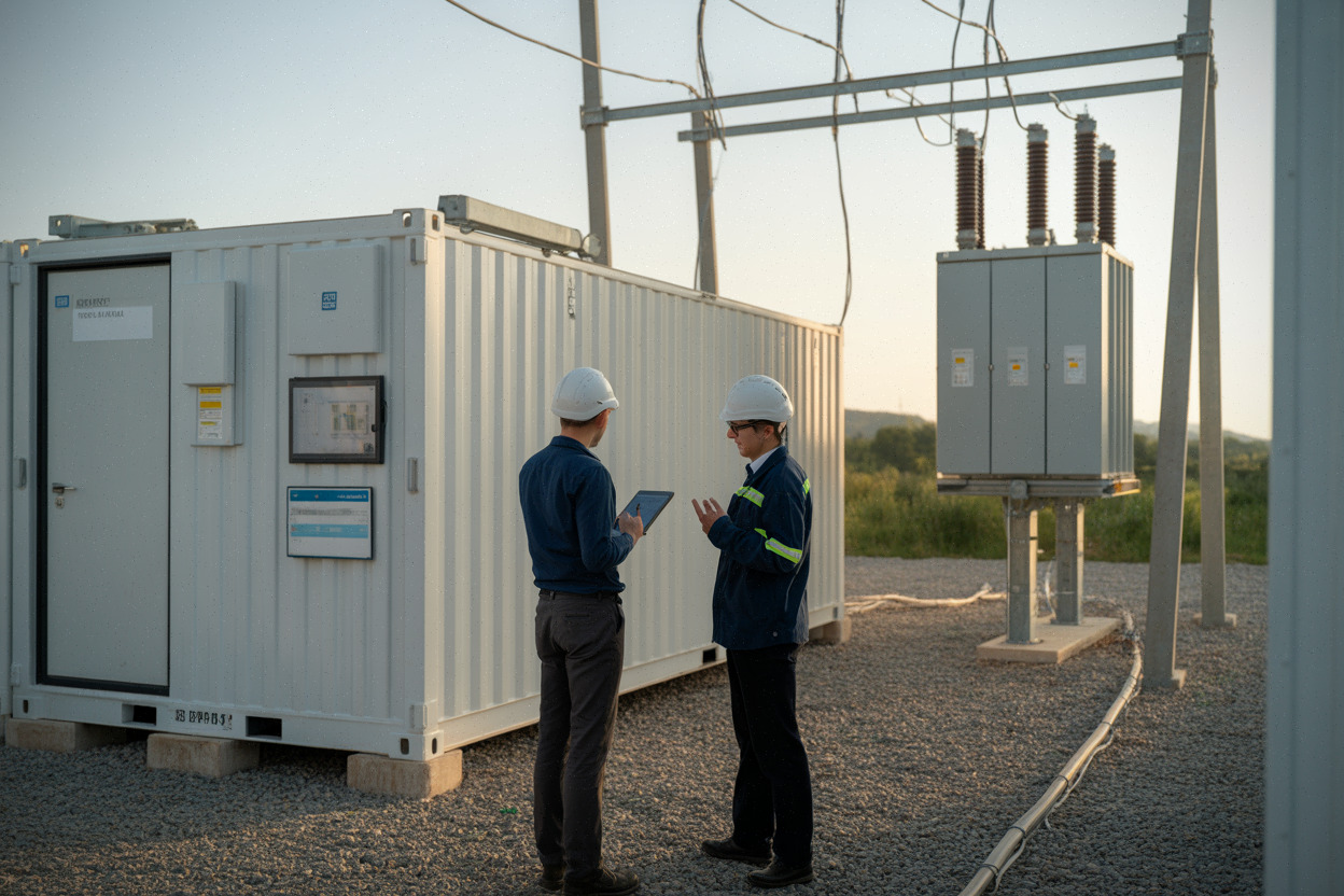 Ingénieurs inspectant des batteries de stockage solaire en Italie
