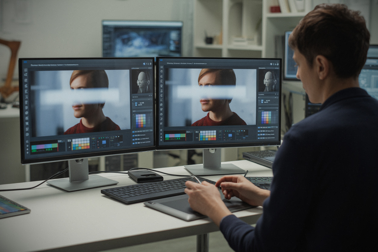Technicien VFX travaillant sur des images assistées par intelligence artificielle