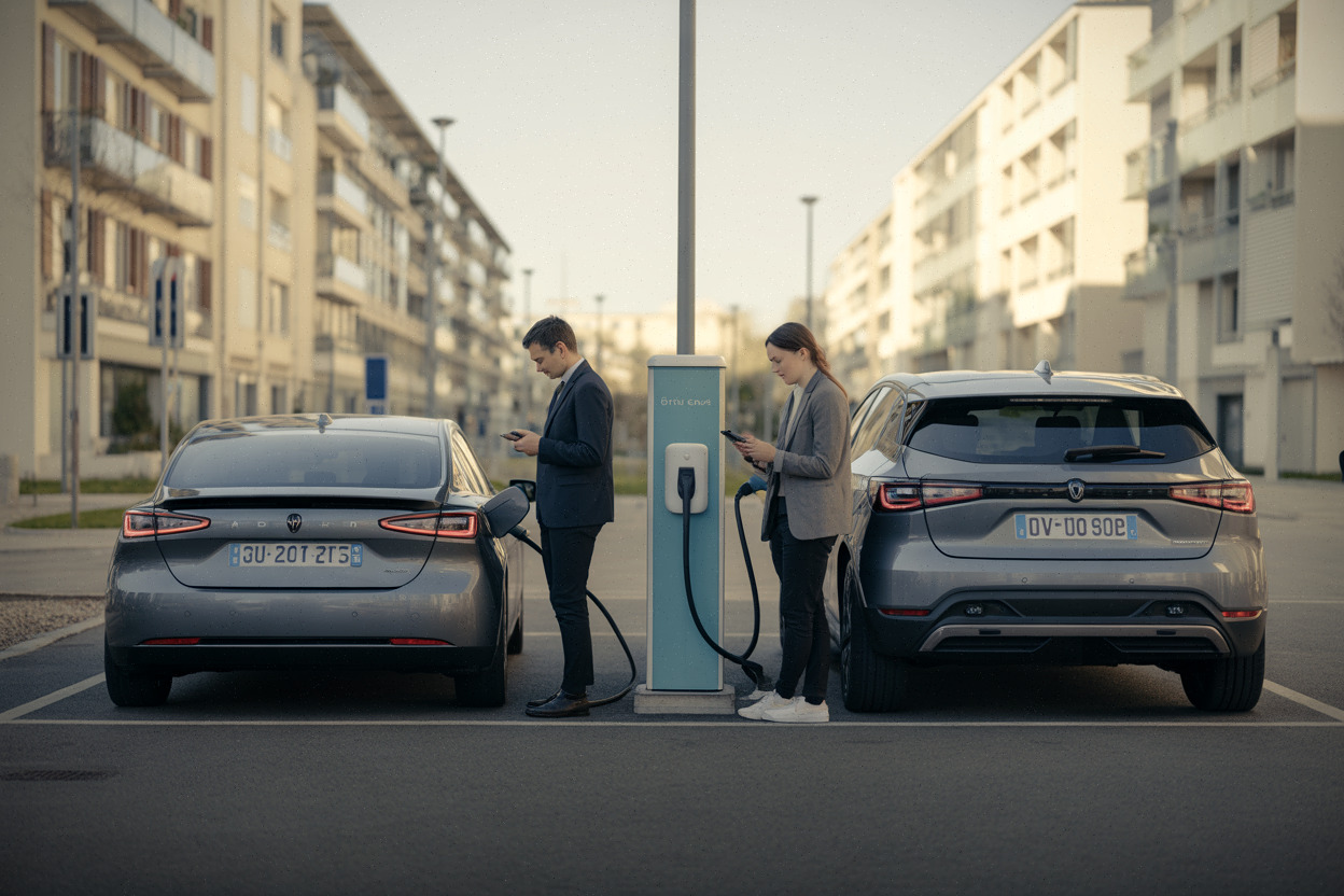 Voitures électriques Tesla BYD et MG près de bornes de recharge
