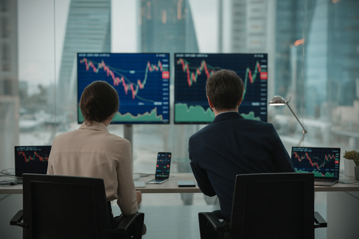 Analystes suivant les cours du Brent sur des écrans floutés