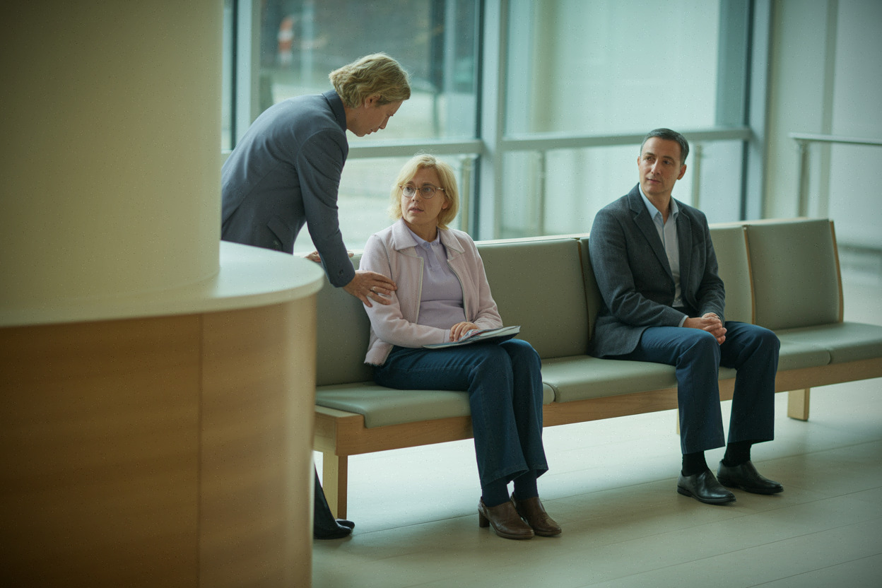 Familles endeuillées accueillies dans un espace hospitalier sobre et moderne
