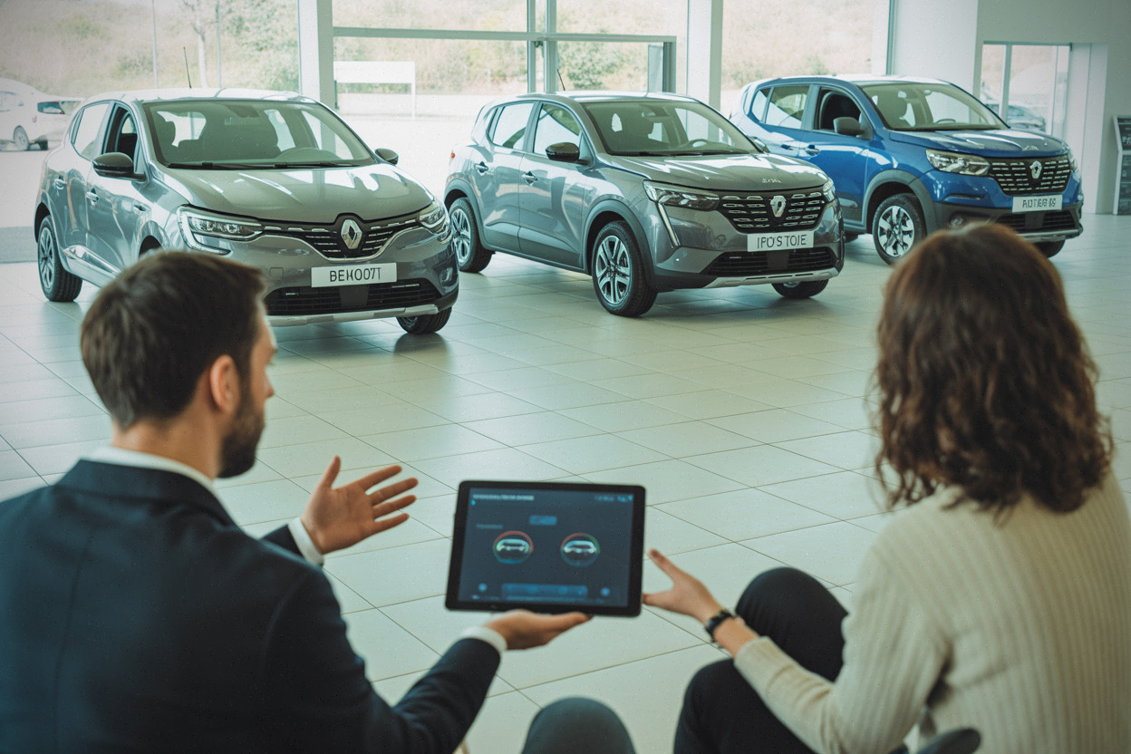 Clients comparant hybrides Renault Peugeot et Dacia en concession française