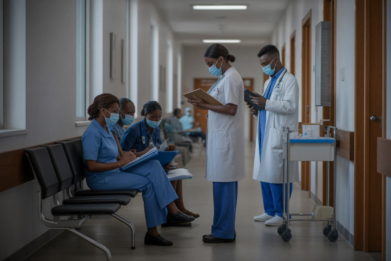 Couloir hospitalier au Congo avec patients en attente de soins