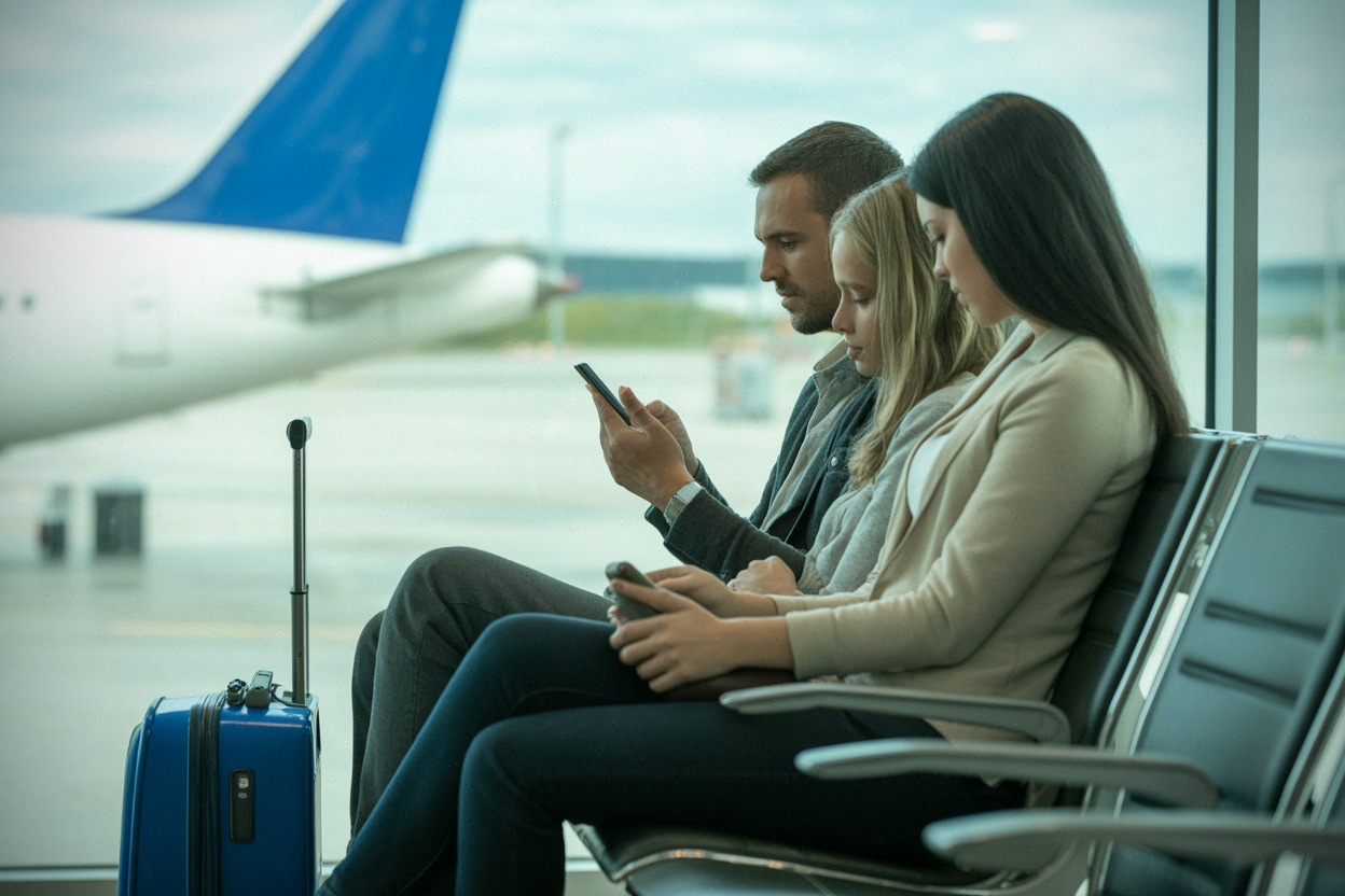 Famille vérifiant les droits passagers lors d'un vol annulé