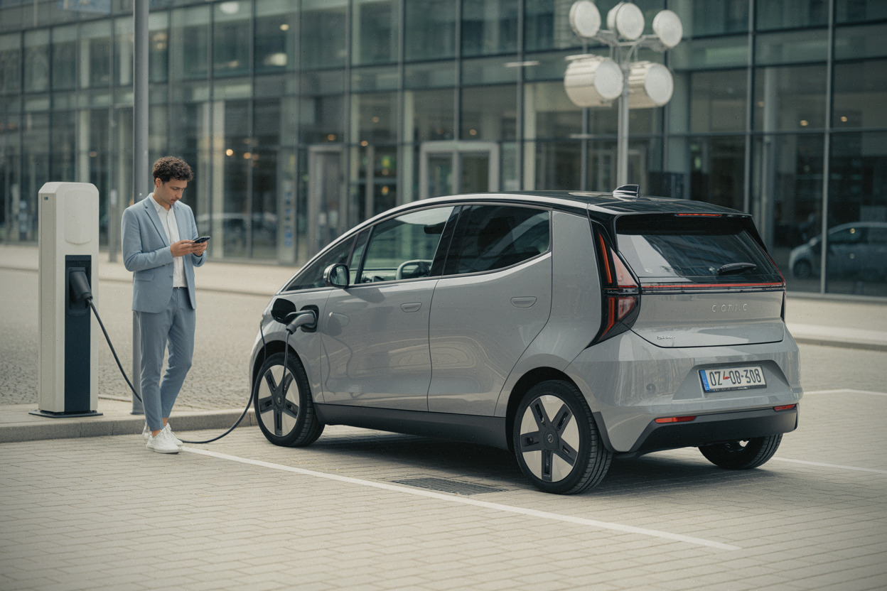 Recharge rapide d’une compacte électrique sur borne urbaine moderne