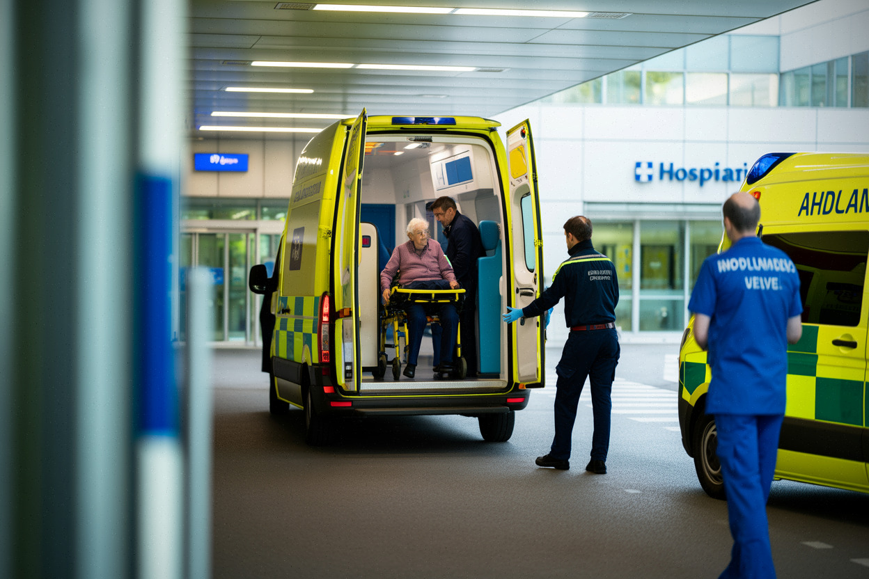 Transport sanitaire devant un hôpital lyonnais en période de tension