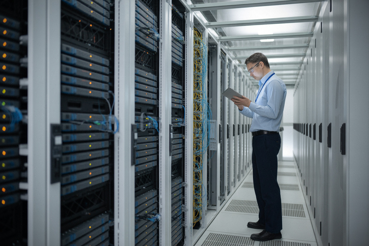 Technicien vérifiant des réseaux optiques dans un data center moderne