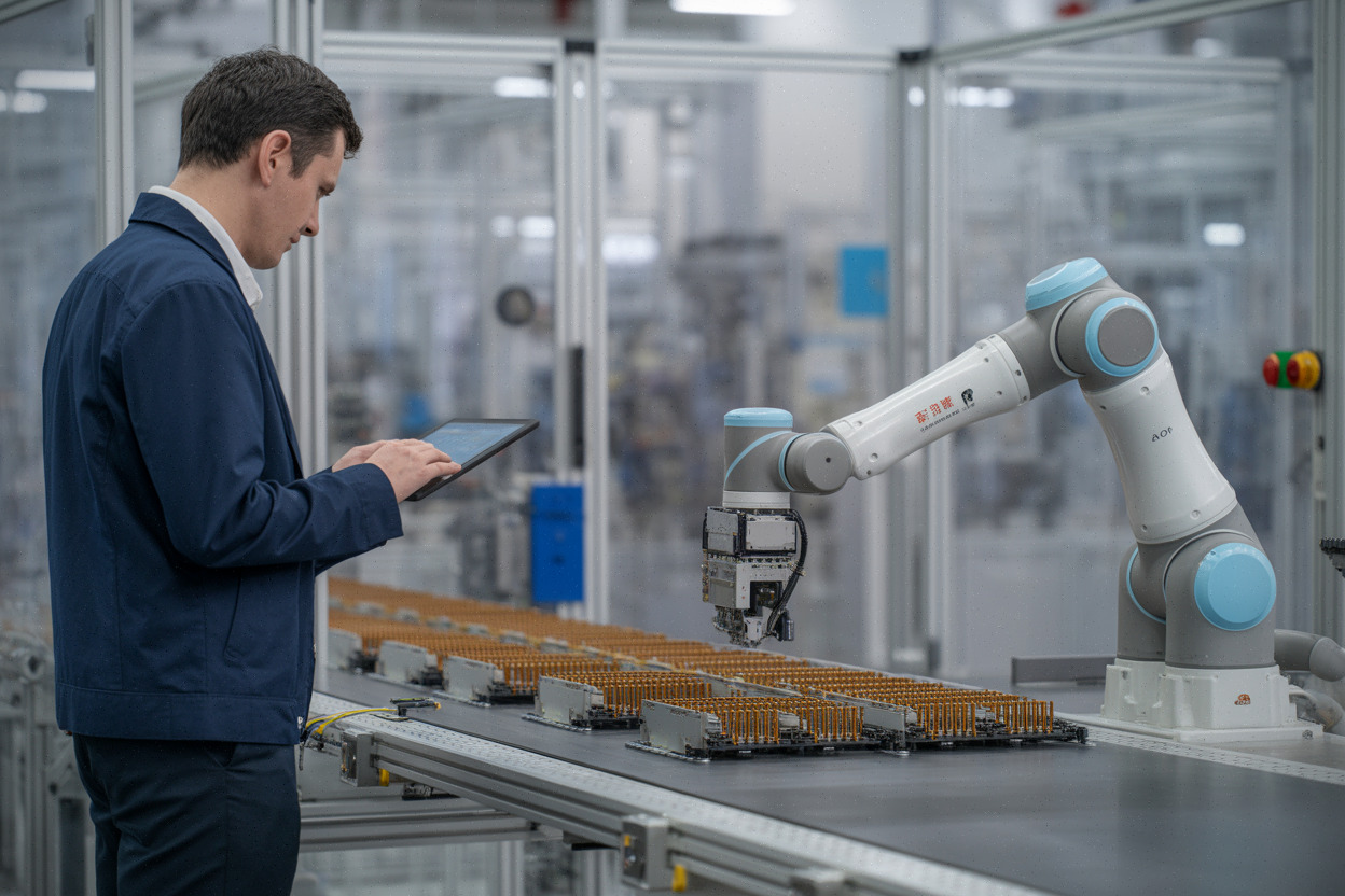 Robot industriel inspectant des composants dans une usine chinoise moderne