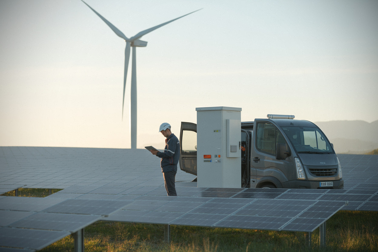 Technicien devant panneaux solaires et éolienne en site renouvelable