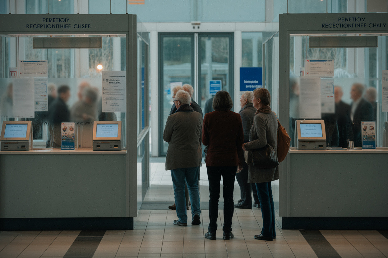 Guichets fermés et usagers en attente dans un accueil public breton