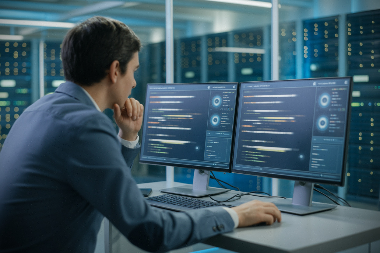 Ingénieur analysant des failles logicielles détectées par intelligence artificielle