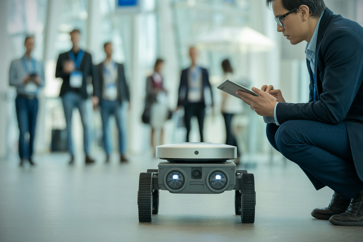 Robot mobile intelligent utilisant capteurs et caméras en démonstration