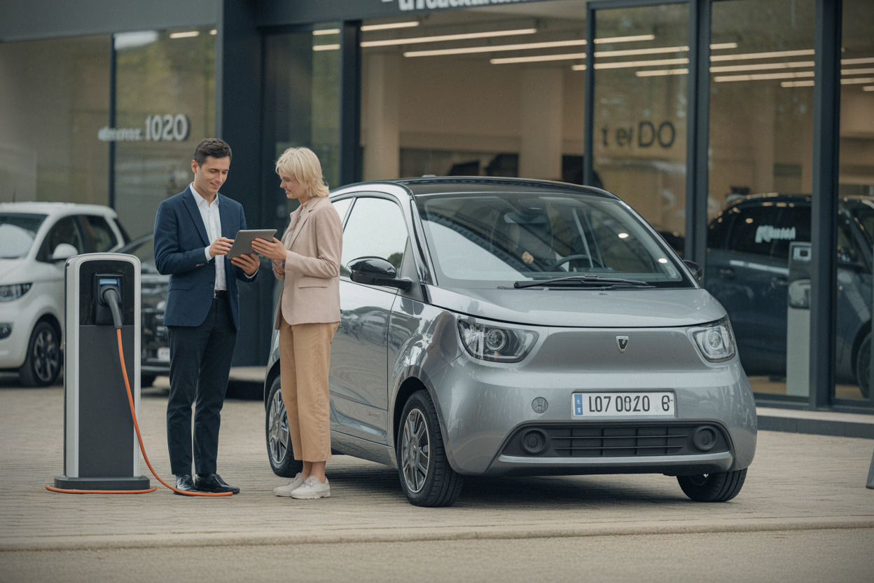Client découvrant une citadine électrique Renault devant une concession française