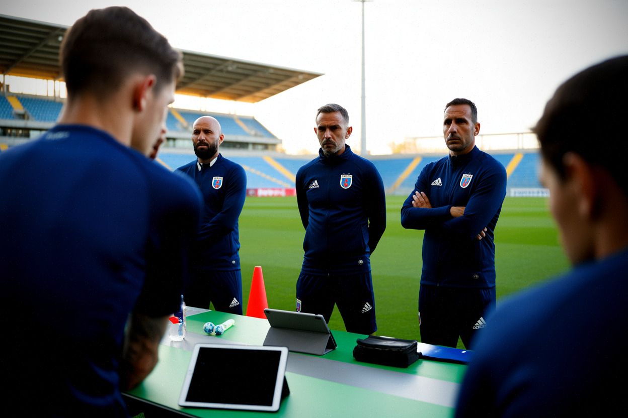 Staff technique préparant une séance tactique avant un match international