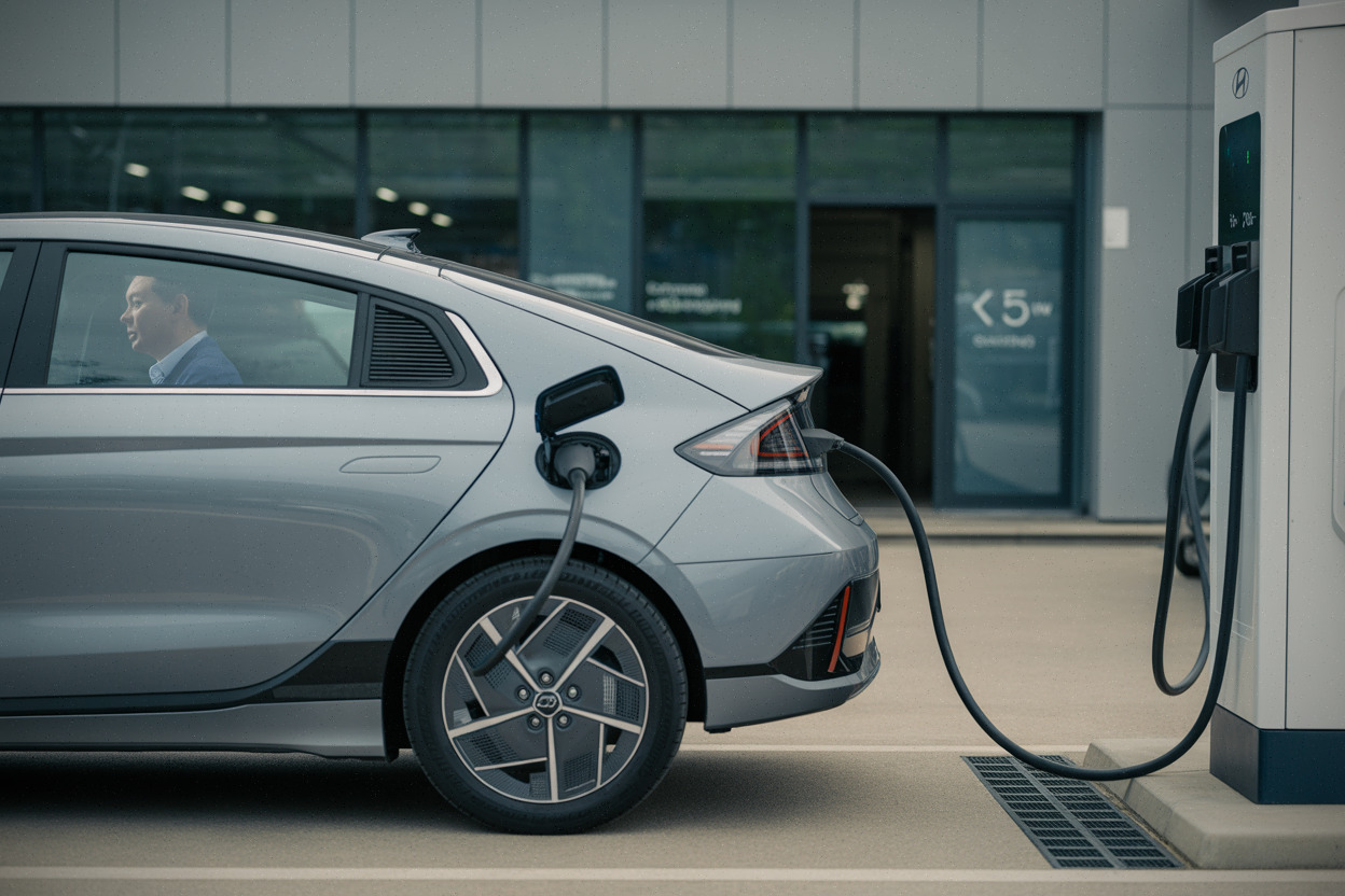 Hyundai Ioniq 6 en recharge rapide sur borne autoroutière moderne