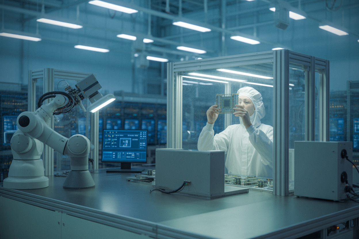 Ingénieur inspectant des puces avancées pour l’intelligence artificielle