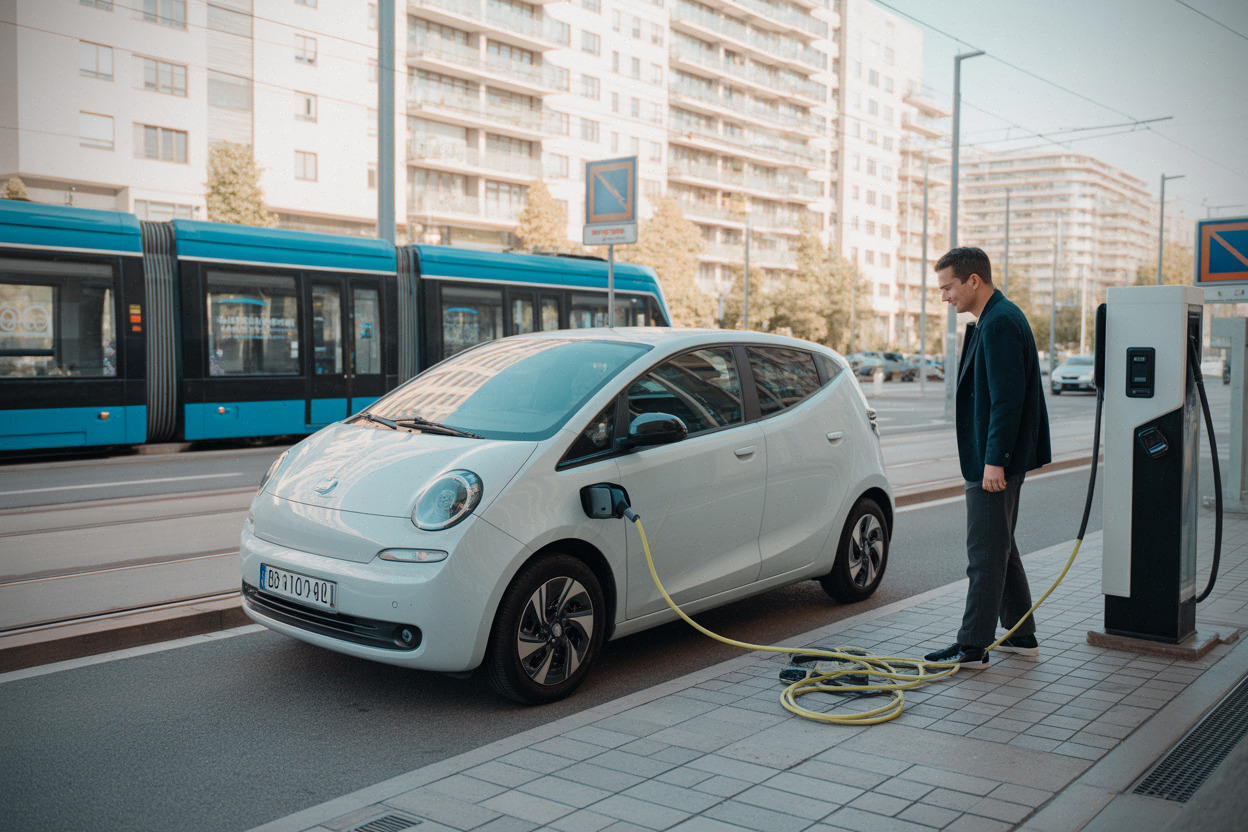 Petite voiture électrique branchée dans une ville européenne voisine