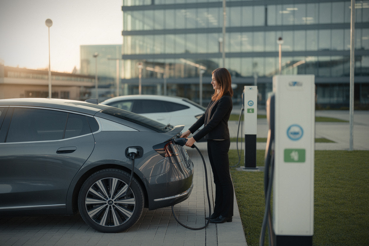 Recharge professionnelle d'une hybride rechargeable sur parking d'entreprise moderne